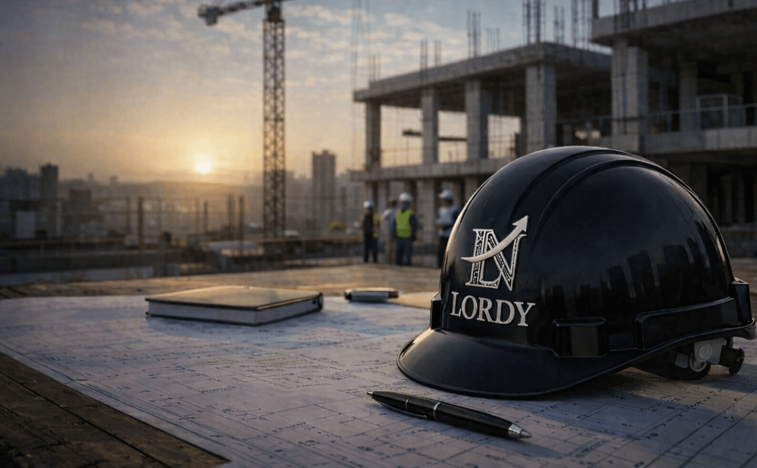 Casco de obra con el logotipo de LeverageNifty sobre planos técnicos, en una obra en construcción al amanecer.
